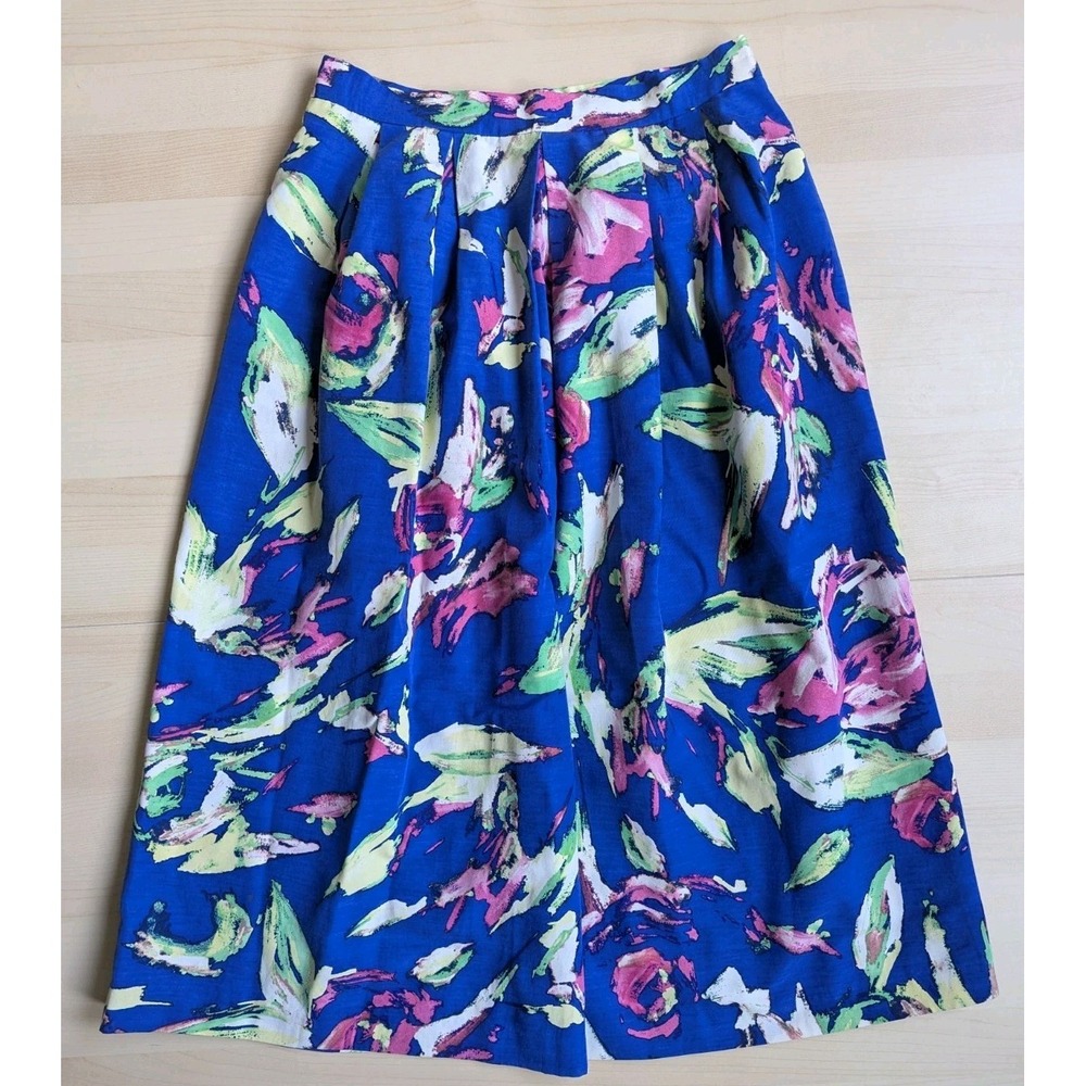 Shoshanna skirt size 2‎ Blue Floral abstract Cotton Silk Artwear Pockets Midi